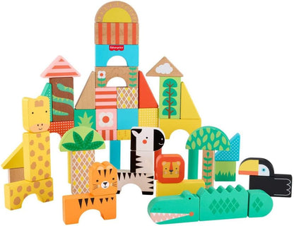 Fisher-Price Wood Toddler Toy Castle Block Set, 28 Wooden Pieces for Stacking Developmental Play Preschool Kids Ages 2+ Years