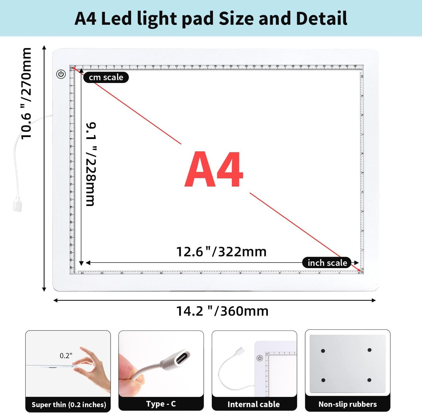 Zocelight A4 Light Pad for Diamond Art Kits for Adults,0.2" Ultra Thin Light Board with Stand and Clip for Diamond Painting Accessories,3 Levels Dimming Light Box for Drawing,Sketching,Animation