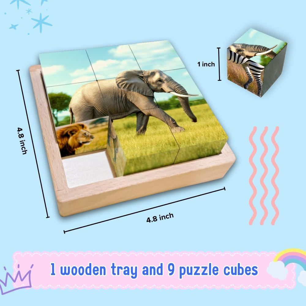 6-in-1 Wooden Animal Puzzle – Montessori Cube Toy for Kids – Realistic Farm Animals Educational Wood Blocks for Toddlers Ages 3–6