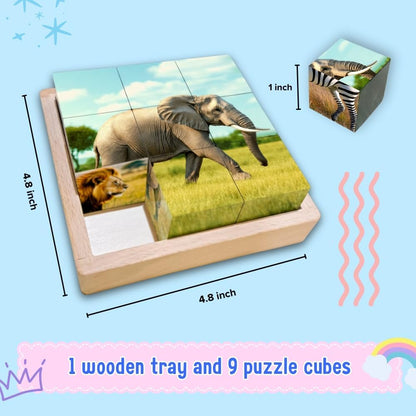 6-in-1 Wooden Animal Puzzle – Montessori Cube Toy for Kids – Realistic Farm Animals Educational Wood Blocks for Toddlers Ages 3–6