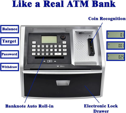 ATM Savings Bank with Debit Card, Electronic Piggy Bank for Real Money, Coin Recognition, Targets Setting, Password Login, Voice Prompt, Great Gift for Boys Girls (Golden/Black)