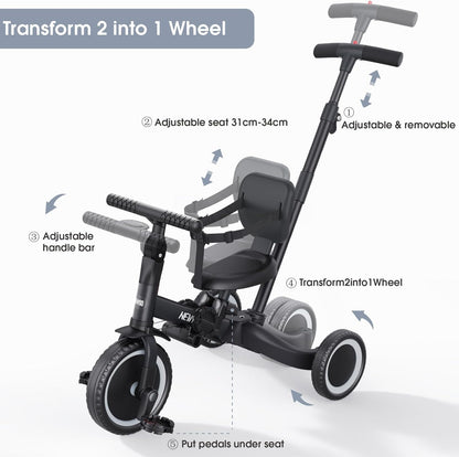 newyoo Toddler Tricycle with Push Handle for 1-3 Year Old, Toddler Bike, Birthday Gift and Toy for Boys and Girls, 5 in 1 Kids Trike, Balance Bike with Backrest and Safety Belt, Khaki, TR007