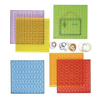 Translucent Double-Sided Geoboards - Set of 6 Boards 144 Rubberbands, Excellerations, 9 inches Square, Safe and Sturdy