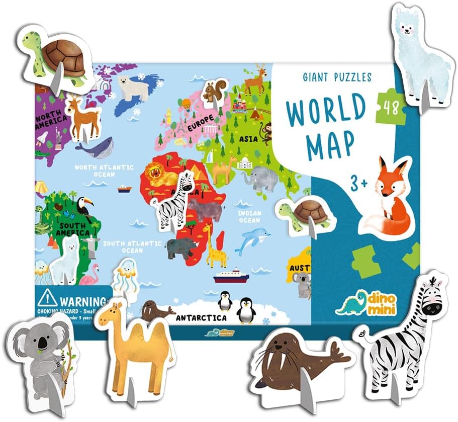 Dinomini Giant World Map Puzzle for Kids - with Interactive Standing Figures - Floor Puzzles for Kids Ages 3-5 - Preschool Learning Activities - Learning & Educational Toys