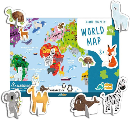 Dinomini Giant World Map Puzzle for Kids - with Interactive Standing Figures - Floor Puzzles for Kids Ages 3-5 - Preschool Learning Activities - Learning & Educational Toys