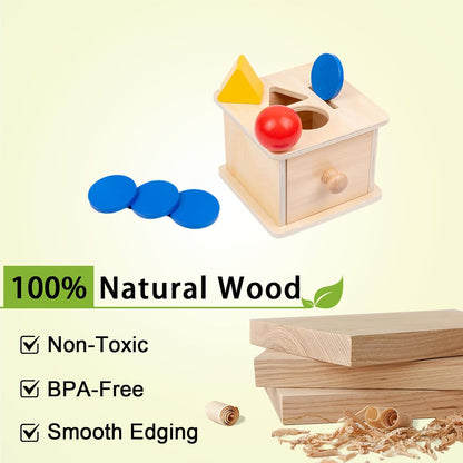 Adena Montessori Coin Box -Natural Wood Double-Sided Object Permanence Box Toy for 1-Year-Old Babies, Wooden Montessori Developmental Toy for 6-12 Month, Early Learning Gift