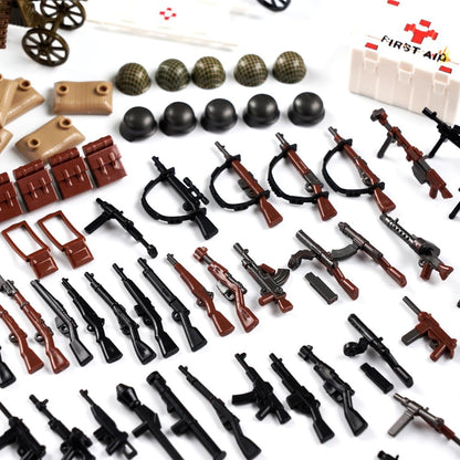 Military WW2 Accessories Weapons Pack - Army Builiding Block Sets, Military Soldier Figures Equipment Gear Pieces, Weapon Sentry Guard Tower Bricks Custom Scenes