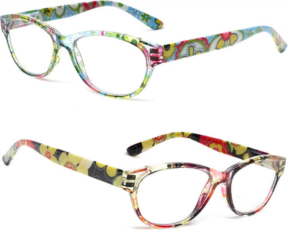 SIGVAN Ladies Cat Eye Reading Glasses 5 Pairs Blue Light Blocking Spring Hinge Fashion Pattern Print Readers for Women