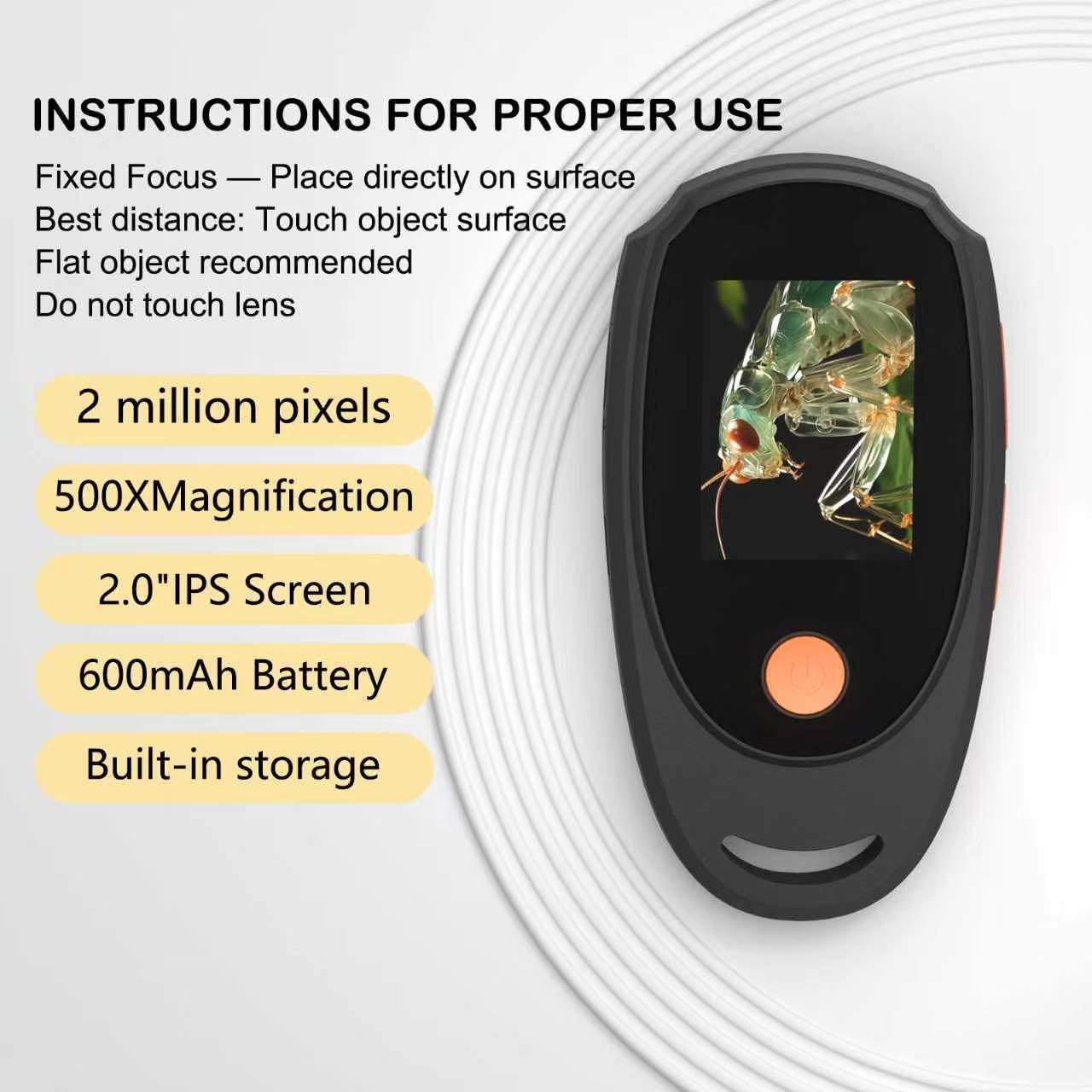 Handheld Digital Microscope with 2.0 Inch IPS Color Screen, Portable Magnifying Glass for Kids, 500x Magnification, 8 Adjustable 3-Level LED Lights, USB Compatible with PC Windows and Mac OS