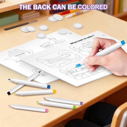 Kids Early Learning Busy Book Activity, Velcro Rip-off Vehicles and Coloring Fill In (Police Car, Fire Truck, Ambulance, Train, Bus, Cars, Boat, Airplane, Construction Trucks, Taxi) With Coloring Pens