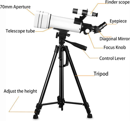 Telescope for Adults & Kids，70mm Aperture 400mm Astronomical Refractor Telescopes for Kids Beginners，with Adjustable Height Tripod，Moon Mirror, Bard Membrane，Phone Adapter, Carrying Bag