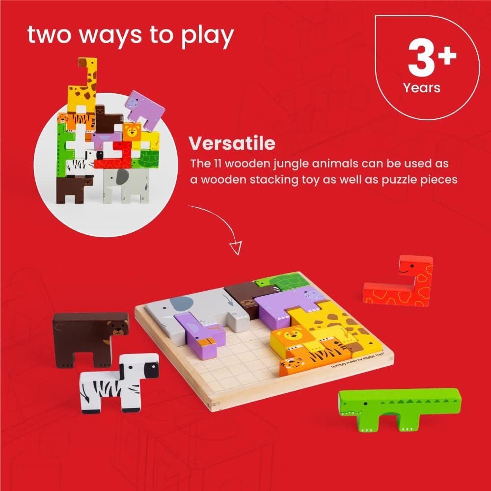 Bigjigs Toys Animal Lock-a-Block Puzzle - 11 Piece Building Block Puzzle & Stacking Animals Toy in One, Puzzle Games for 3 4 5 Year olds, Tangram Puzzles for Kids