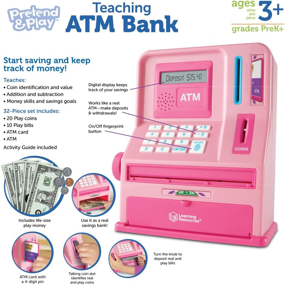 Learning Resources Pretend & Play Teaching ATM Bank, Pink - Play Money for Kids, Children's Banks, Electronic ATM Piggy Bank, Money Management for Kids, Coin Machine Toys