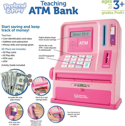 Learning Resources Pretend & Play Teaching ATM Bank, Pink - Play Money for Kids, Children's Banks, Electronic ATM Piggy Bank, Money Management for Kids, Coin Machine Toys