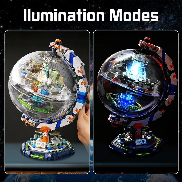 Space Station Globe Building Set for Adults- 1793 Pcs Globe Display Model with Illumination Modes 360° Rotatable LED Educational Stem Toys Graduation Birthday Gifts for Boys Teen Home Decor