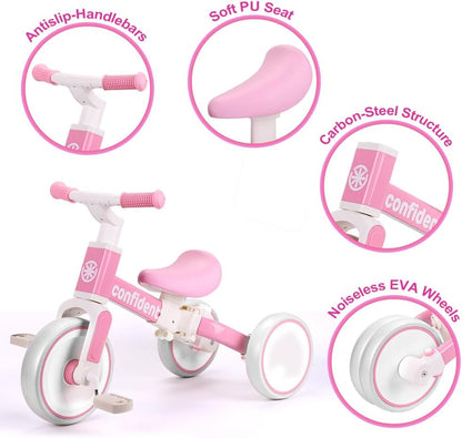 XIAPIA Tricycle for Toddlers 1-3 Year Olds, 5 in 1 Toddler Balance Bike with Removable Pedal, Push Trike Toys with Adjustable Pushrod for 2 3 4 5 Year Old Boys & Girls, Birthday Gifts for Kids