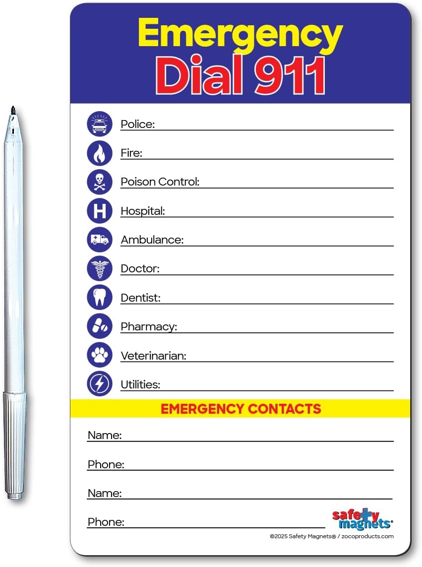 Safety Magnets by ZOCO – Emergency Numbers List with Marker – Write-On Refrigerator Magnet for Important Phone Numbers & Contacts – 5.25 x 8.5 inch
