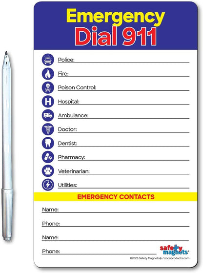 Safety Magnets by ZOCO – Emergency Numbers List with Marker – Write-On Refrigerator Magnet for Important Phone Numbers & Contacts – 5.25 x 8.5 inch
