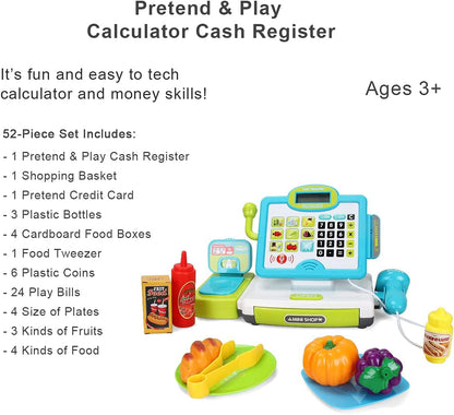 FS Pretend Play Cash Register Toy with True Barcode Scanner & Calculator, Microphone, Play Food, Supermarket Cashier, Great Pre-School Gift Cash Register for Kids Boys & Girls, Ages 3 4 5 6 8
