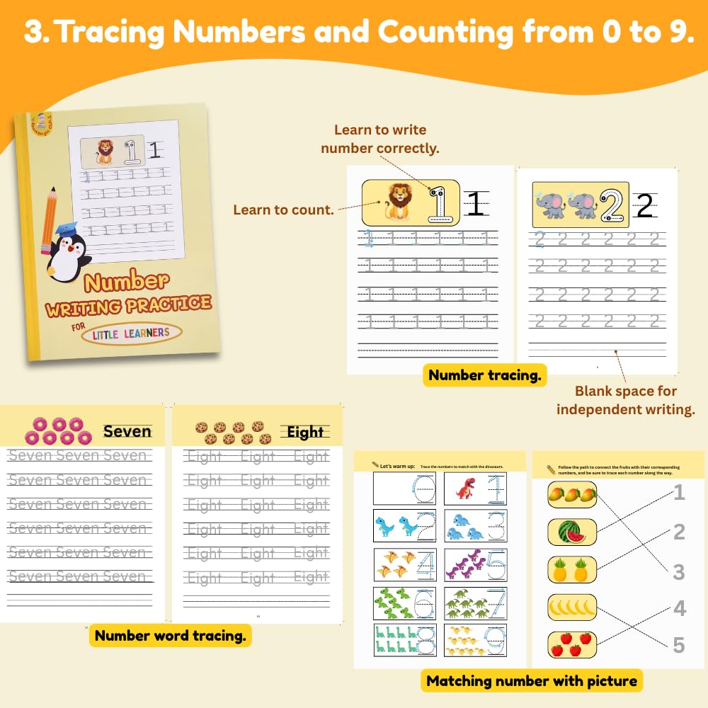 Writing Practice Workbook Set for Kids Ages 3-5 - Tracing Books with Thick Triangular Pencils, Sharpener, Eraser | Learn to Write Letters, Numbers, Lines | Preschool & Kindergarten Homeschool Supplies