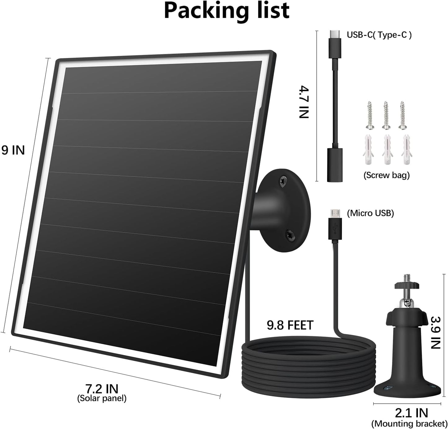 8W Solar Panel for Outdoor Security Camera, 5V Micro USB and USB - C Solar Panel Charger ，Fits Eufy/Wyze/Reolink DC 5V Output, IP65/360° Adjustable, 9.8ft Cable, Fast Charging