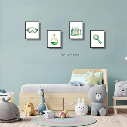 ZRYF Science wall art Prints,Green and Interesting Science Explore Canvas Posters,Chemistry Classroom Wall Prints for Laboratory Kids Classroom Bulletin Board Decor,Set of 4 (8"x10" Unframed)