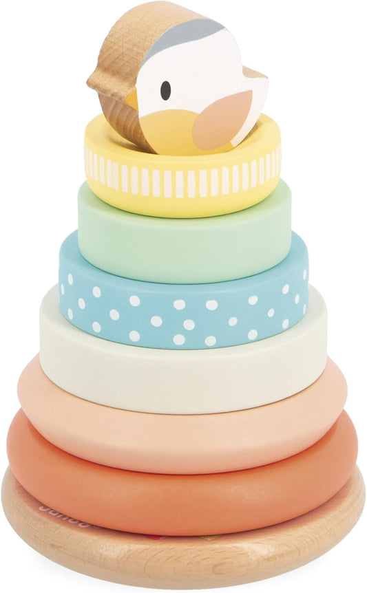 Janod - Stackable Culbuto Wooden Bird Toy - 7 Pieces to Stack - Stacking Tower - Moving Base - Baby Toy from 1 Year - J05145