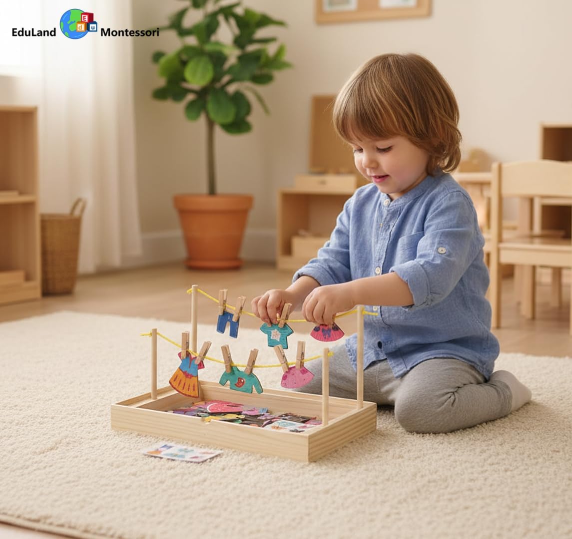 Montessori Practical Life Clothes Hanging Job Rope Strings Hanging Clothes with Clothespins Airing Clothes Montessori Classroom Clothes Hanging Dress-Up Game for 2-6 Years Old Toy Educational Gift