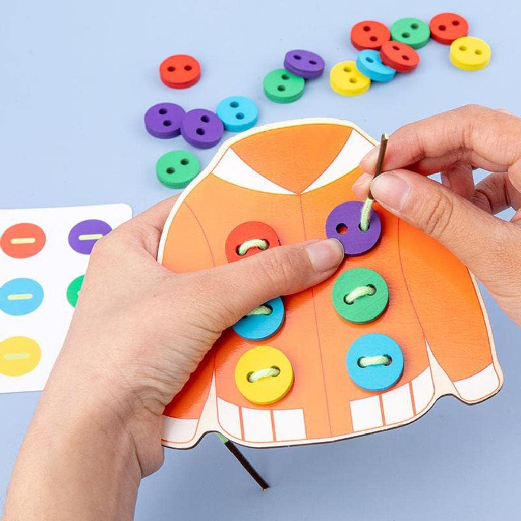 Menolana Kids Wooden Threading Lacing Clothes Sew on Button Game Toys for Age 3-6