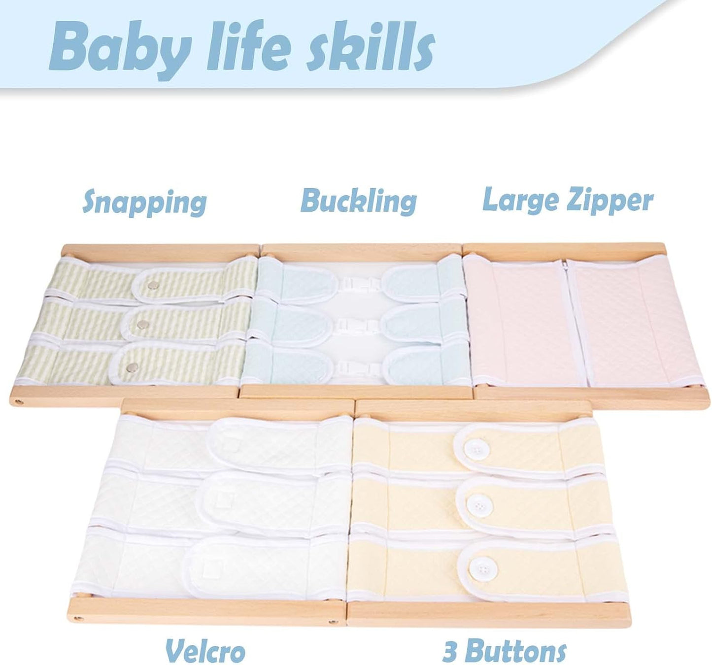 Montessori Wooden Toys for Dressing Learning Board Learning Basic Dressing Skills - Buttons, Snaps, Zippers, Belt Buckles & Hook-and-Loop Fastener Toys for 1 2 3 Year Old Toddlers Sensory Toy Gifts
