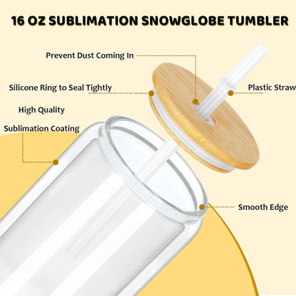 16 Oz Snow Globe Tumbler, 8 Pack Pre-Drilled Sublimation Glass Cup For Glitter Snow Globe Diy, Double Wall Sublimation Glass Tumbler