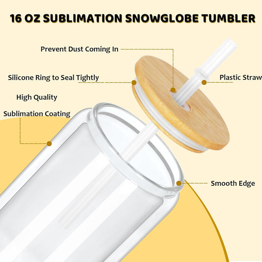 16 Oz Snow Globe Tumbler, 8 Pack Pre-Drilled Sublimation Glass Cup For Glitter Snow Globe Diy, Double Wall Sublimation Glass Tumbler