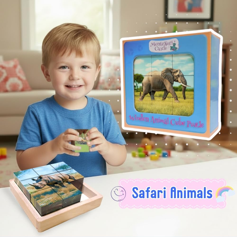 6-in-1 Wooden Animal Puzzle – Montessori Cube Toy for Kids – Realistic Farm Animals Educational Wood Blocks for Toddlers Ages 3–6