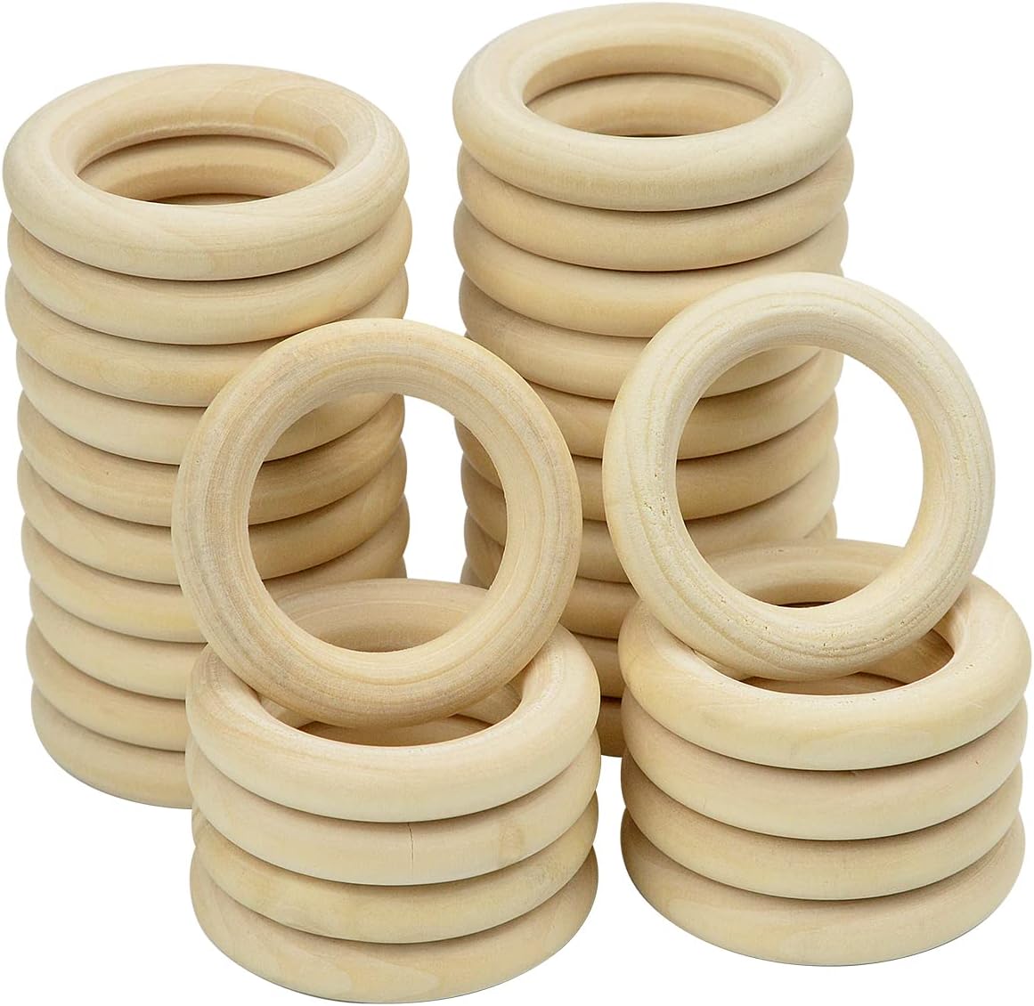 100 Pcs 5 Sizes Natural Wood Rings for Crafts, Unfinished Smooth Wooden Ring for Macrame, Wood Circles for Craft, DIY Ring Pendant and Connectors Jewelry Making