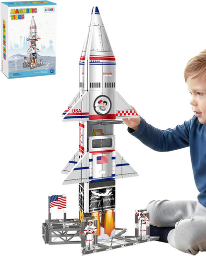 AFUNX Magnetic Tiles Space Rocket Set,46 PCS Magnetic Building Blocks for Kids 3+, STEM Learning Toys, Safe & Durable Creative Construction Play, Gift for Boys & Girls