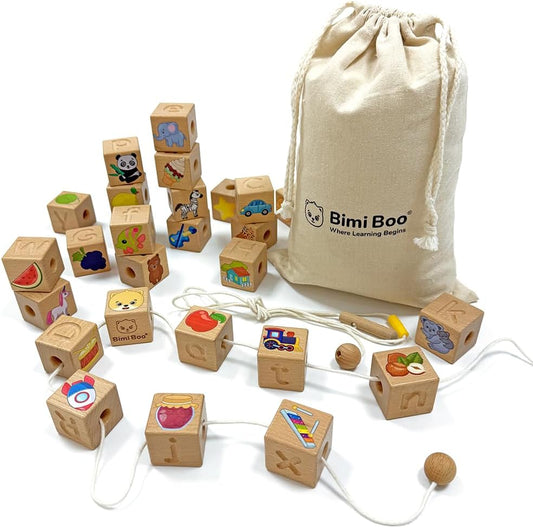 Bimi Boo Alphabet Lacing Beads for Toddlers - ABC Fine Motor Letter Threading Wooden Toy with Objects & Animals (26 Large Stringing Blocks, 2 Ropes, Cotton Bag)
