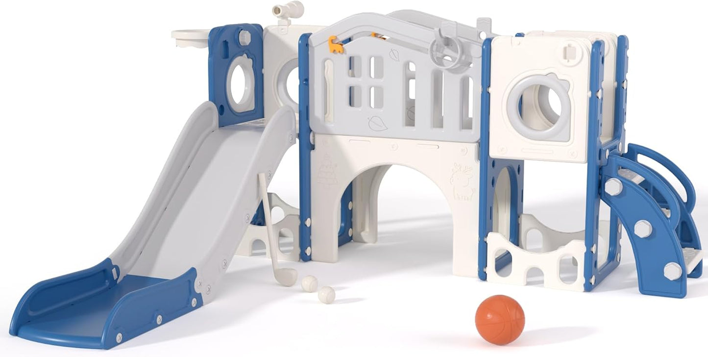 67i 10-in-1 Toddler Playground Set with Slide & Climber, Indoor Outdoor Play Gym for Toddlers 1-3, Quick Compact Setup Kids Playset with Basketball Golf Ring Toss Telescope Dino Area (Blue Gray)