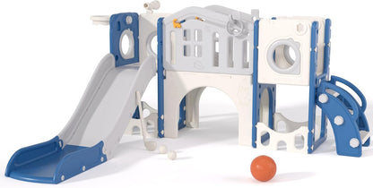 67i 10-in-1 Toddler Playground Set with Slide & Climber, Indoor Outdoor Play Gym for Toddlers 1-3, Quick Compact Setup Kids Playset with Basketball Golf Ring Toss Telescope Dino Area (Blue Gray)
