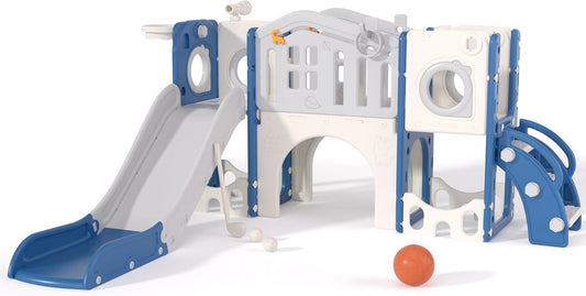 67i 10-in-1 Toddler Playground Set with Slide & Climber, Indoor Outdoor Play Gym for Toddlers 1-3, Quick Compact Setup Kids Playset with Basketball Golf Ring Toss Telescope Dino Area (Blue Gray)