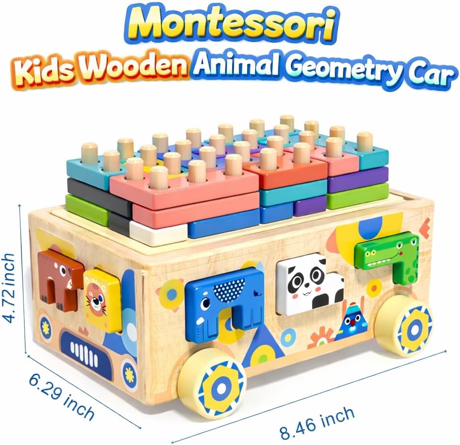 Wooden Montessori Toddler Toy Car Animal Shape Sorting & Peg Stacking Blocks Educational Learning Toy for Toddlers Ages 2-4 Fine Motor Skills Preschool Toy Wooden Shape Sorter Gift for Boys Girls