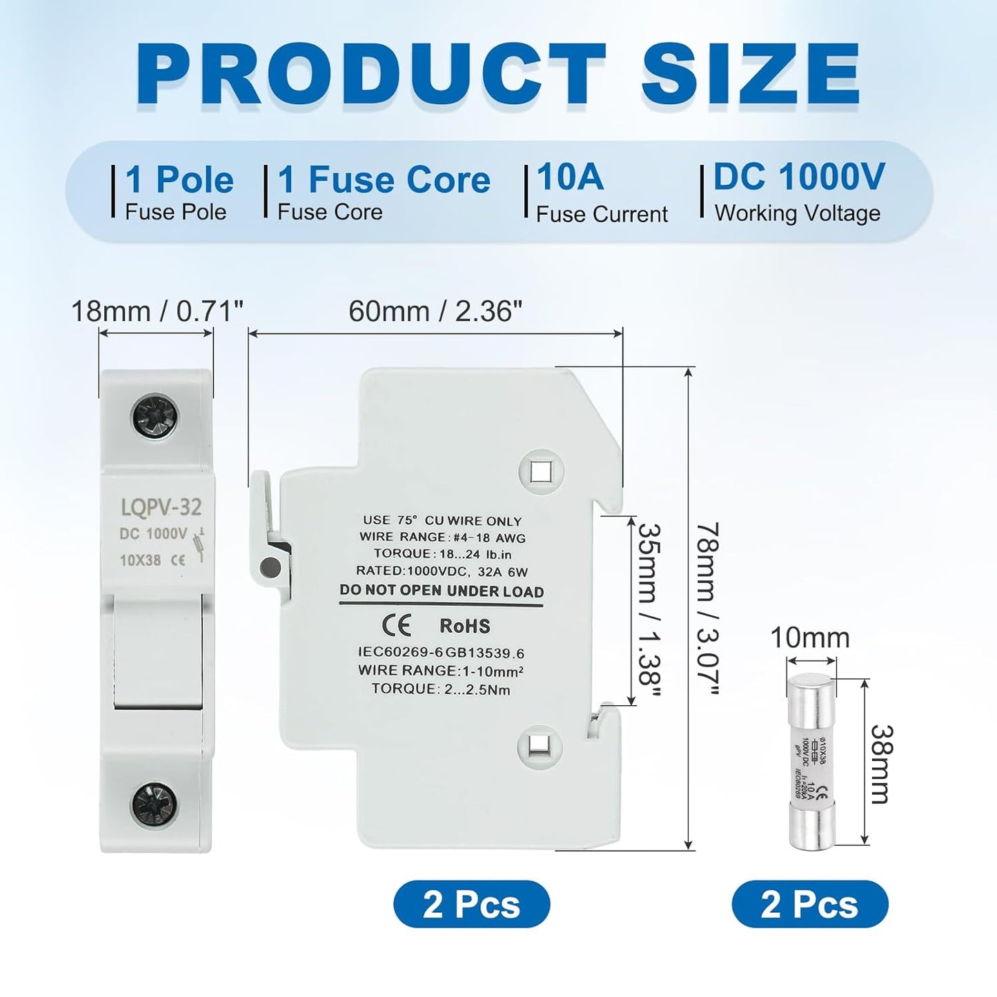 MECCANIXITY Din Rail Fuse Holder with 1 Core Block,10x38mm DC 1000V 20A Single Pole Solar/Photovoltaic Fuse Holder 4-18AWG for Solar PV Systems Battery Protect,Pack of 2