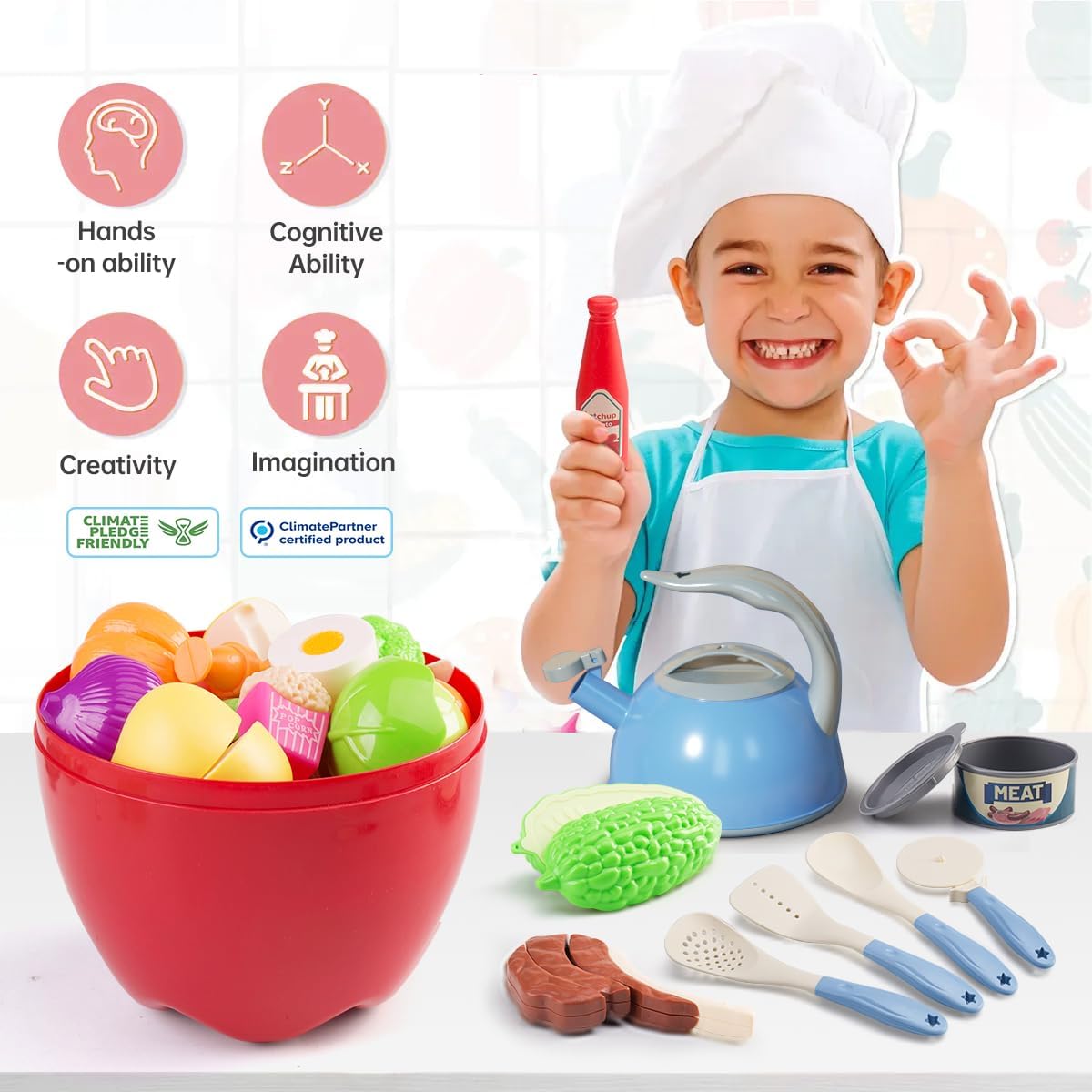 130Pcs Kitchen Playset, Toddler Pretend Cooking Play Pots, Pans, Utensils Cookware, Daily Food Fruit Veges, Shopping Storage Basket, Dessert, Prop Money, Learning Gift for Child (Pink)