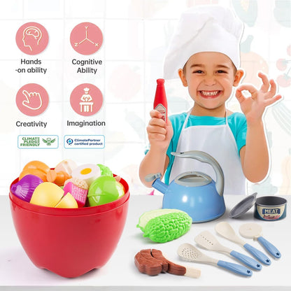 130Pcs Kitchen Playset, Toddler Pretend Cooking Play Pots, Pans, Utensils Cookware, Daily Food Fruit Veges, Shopping Storage Basket, Dessert, Prop Money, Learning Gift for Child (Pink)