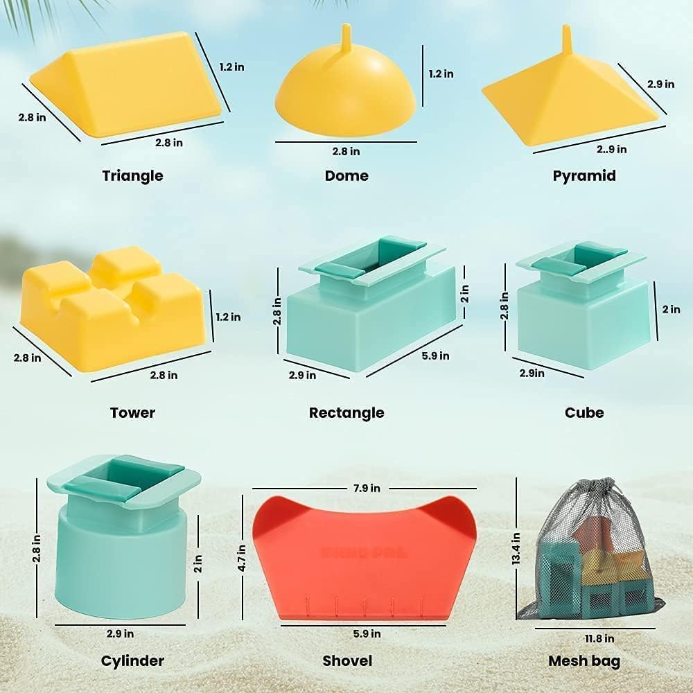 Sand Pal Beach Toys for Kids - 9 Pieces Travel-Friendly Snow Toys for Kids Ages 3-12 - Outdoor & Indoor Play Sandbox Toys Set - Sand/Snow Castle Building Molds & Tools Kit for Adults with Mesh Bag