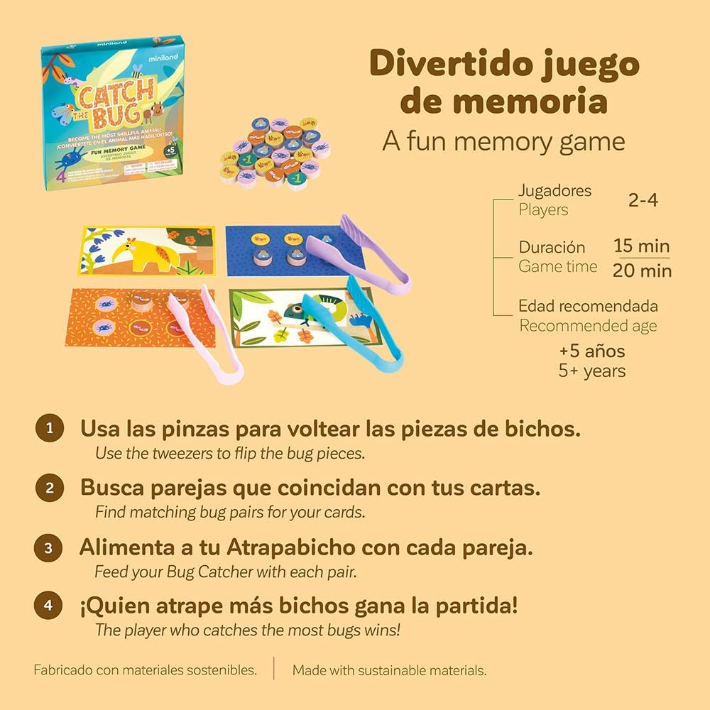Miniland Board Game for Kids +5, Develops Fine Motor Skills, Come with Wooden Bugs, Tweezers and Game Boards, Children Memory and Pincer Grasp | Catch The Bug