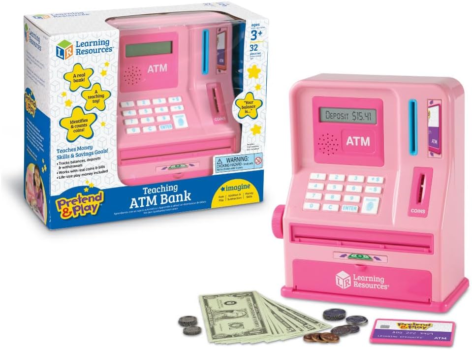 Learning Resources Pretend & Play Teaching ATM Bank, Pink - Play Money for Kids, Children's Banks, Electronic ATM Piggy Bank, Money Management for Kids, Coin Machine Toys