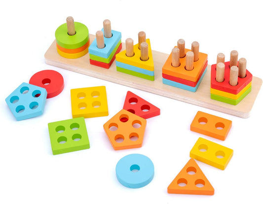 WOOD CITY Wooden Montessori Sorting & Stacking Toys for Toddlers 1 2 3 Year Old, Educational Shape Color Recognition Puzzle Stacker, Development & Learning Toys Boys Girls