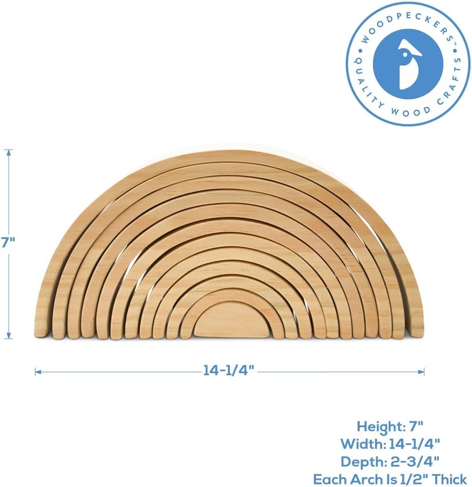 Large Wooden Rainbow Stacker Arches, Set of 12 pcs., Natural and Unfinished Stacking Rainbow, by Woodpeckers