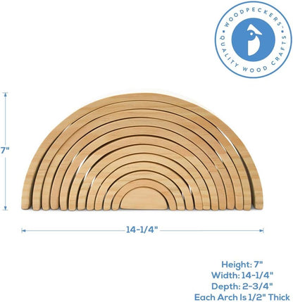 Large Wooden Rainbow Stacker Arches, Set of 12 pcs., Natural and Unfinished Stacking Rainbow, by Woodpeckers