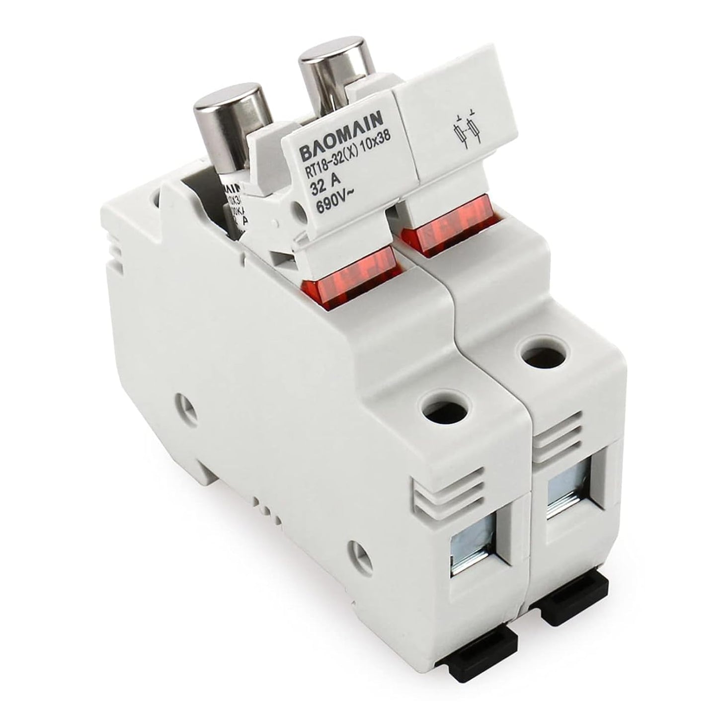Baomain RT18-32 Fuse Holder Base with 10x20A Ceramic Fuses (10x38mm) – 2 Pole DIN Rail Mount, LED Indicator, CE Certified (20 Amp)